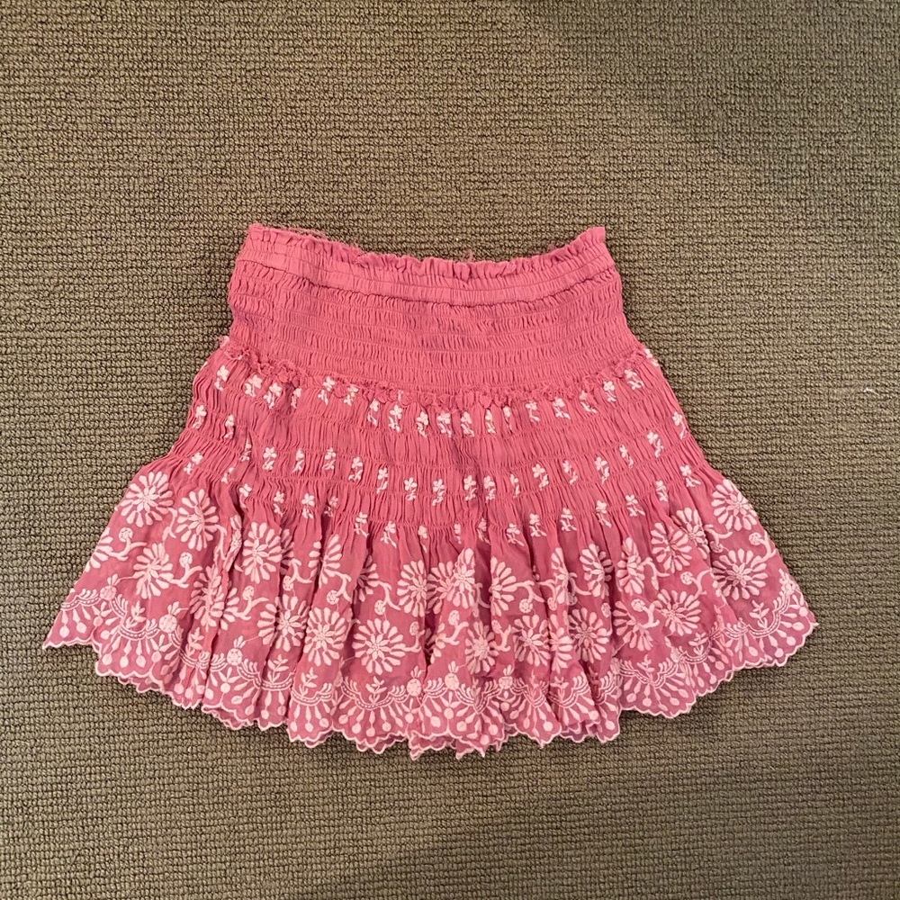 LoveShackFancy Pink Embroidered Mini Skirt